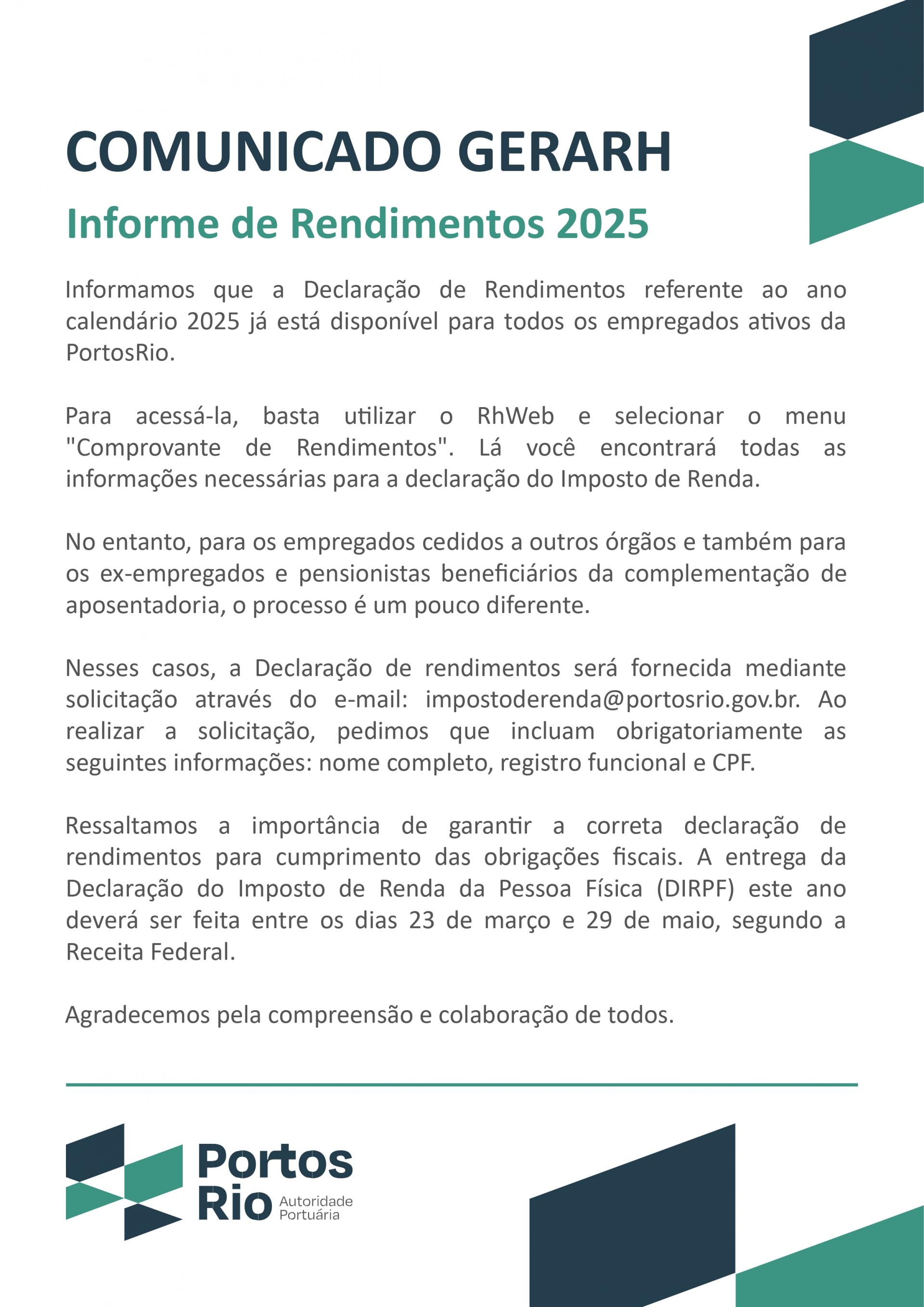 comunicado gerarh informe rendimentos