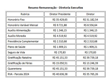 Tabela Remuneração dos Dirigentes